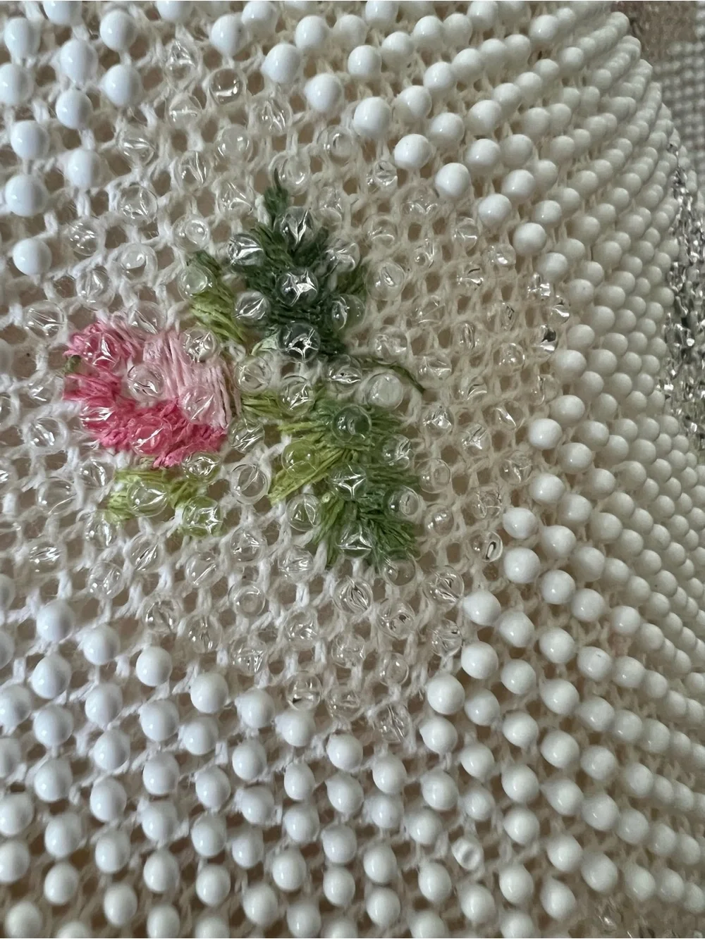 Vintage Lumured Candy Dot Beaded White Bag White with Pink Petite Roses